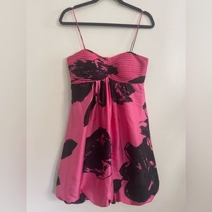 100% Silk Satin Chetta B. Cocktail Dress Pink Black Floral Size 8 Bubble Hem